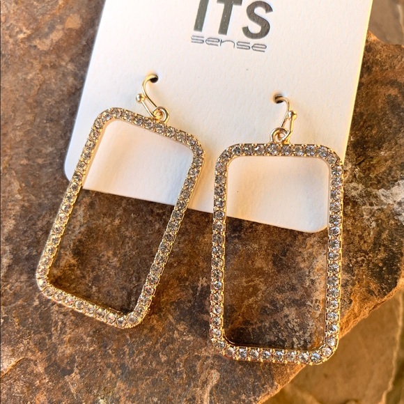 Goldtone Pave Glass Stone Rectangle Earrings - Picture 2 of 5